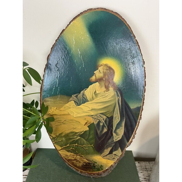 Vintage Jesus Decoupage on Wood with Bark 17” Wall Hanging Christ In The Garden - Picture 5 of 7